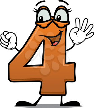 Vector cartoon illustration of an excited happy number 4 waving its arms and smiling suitable as a decoration fro a kids birthday