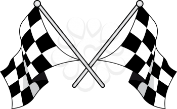 Crossed black and white checkered flags used in motor sport with waving fabric, vector illustration on a white background