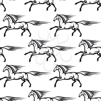 Seamless pattern of galloping horses with their manes and tales flowing in the wind, black and white vector illustration