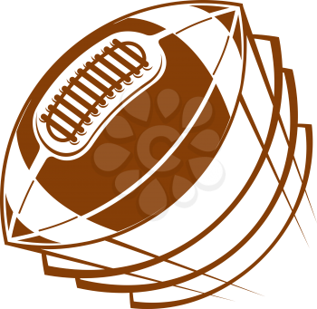Football or rugby ball flying through the air with motion lines to show the speed at which it is traveling, cartoon illustration in brown on white