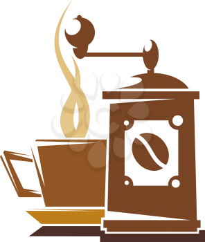 Design element of a steaming cup of fresh full roast coffee alongside an old retro mechanical coffee grinder in shades of brown isolated on white