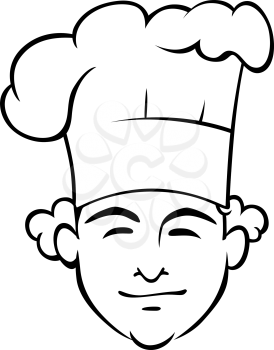 Smiling chef with a tall toque and curly hair, outline doodle sketch in black and white of his face