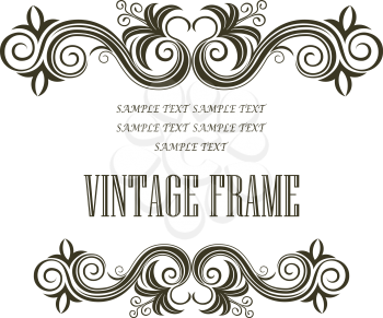 Vintage framing header and footer with symmetrical swirling abstract floral designs in black and white with central blank copyspace on white as a design element for a document or manuscript