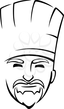 Black and white doodle sketch of the face of a bearded chef with a toque or traditional white cloth hat