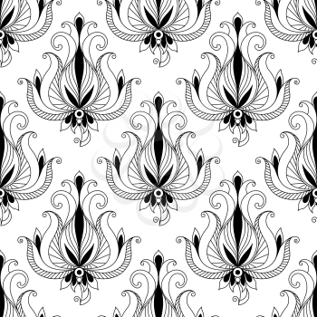 Beautiful intricate calligraphic floral arabesque seamless pattern with elegant flower motifs with scrolling curled leaves suitable for fabric such as damask or for print