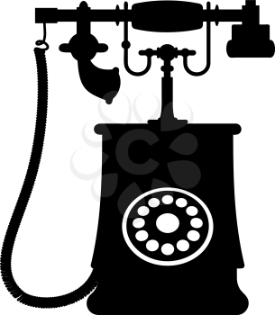 Black and white illustration of a vintage rotary dial telephone with transmitter and receiver, isolated on white background