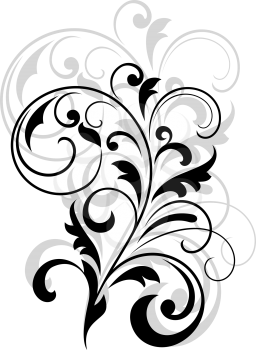 Scrolling calligraphic floral design in black and white overlaid over a repeat enlargement behind in grey
