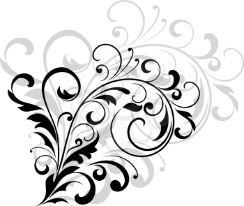 Floral design element with swirling leaves as a simple black silhouette with a grey enlarged repeat design behind on white