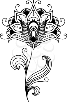 Ornate persian single flower design with pretty curling petals and tendrils and swirling leaves, vector illustration
