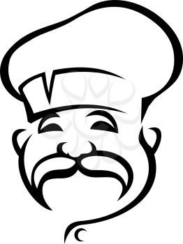 Black and white doodle sketch of the head of a happy chef with a droopy moustache wearing a white toque