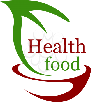 Health vegetarian food icon with a stylized bowl and green leaf with the text - Health Food - in green and brown symbolising bio or organic food for a healthy diet