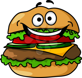 Funny cartoon tasty hamburger with smiley face, containing ground meat, tomato, salad, cheese, pickles, isolated on white background