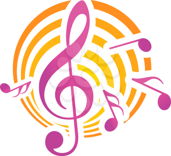 Treble clef musical themed icon, over a yellow and pink circular motif with music nots