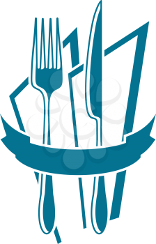 Knife, fork and napkin motif, in blue over white, with ribbon across and space for text.