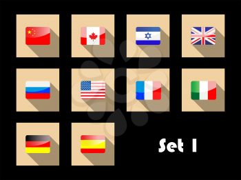 Set of different international country flags on flat icons with Great Britain, France, Canada, United States, Italy, Israel, Spain, Germany, Russia and China