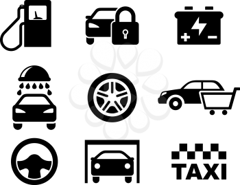 Black and white car service  icons depicting a fuel pump, security, battery, car wash, tyre, purchase, steering wheel , garage and taxi