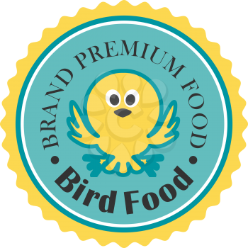 Premium bird food icon with a cute little bird fluttering its wings inside a blue and gold medallion with the text