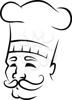 Black and white sketch of a chef with a big curling moustache wearing a traditional white toque