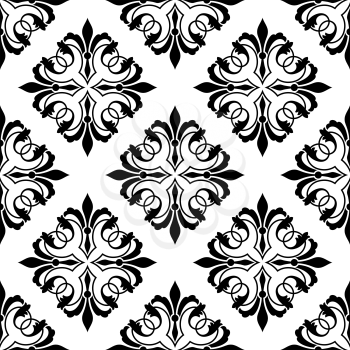 Black and white diamond shaped ornamental floral arabesque seamless pattern in square format suitable for fabric or wallpaper design