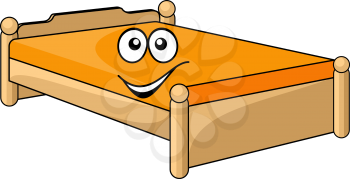 Comfortable cartoon bed with a colorful orange mattress with a happy smiling face isolated on white
