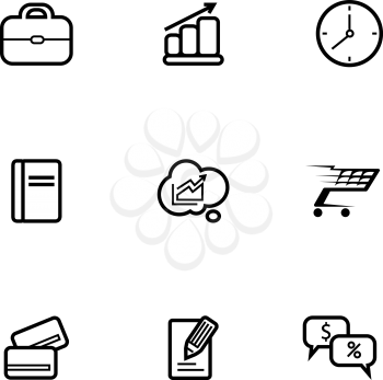 Set of line drawing business and shopping icons depicting a shopping cart, credit card, clock, briefcase, chart, graph, statistic, analysis, money, financial and information symbols