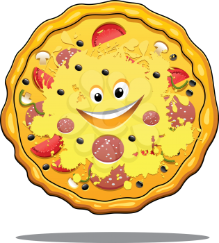 Cartoon pepperoni pizza with a fluted crust, cheese, salami and tomato and happy smiling face isolated on white