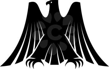 Black silhouette of an imperial eagle with long trailing wing feathers and his wings raised isolated on white for heraldic design