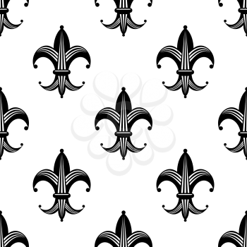 Seamless black and white stylized fleur de lys pattern with an ornate repeat motif in square format suitable for heraldic, fabric and wallpaper design