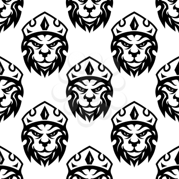 Seamless black and white pattern of a crowned royal lion or heraldic icon in square format