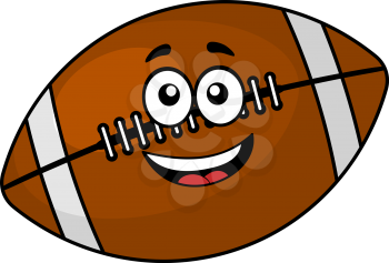 Fun happy brown leather football or rugby ball with a cute smiling face, cartoon illustration isolated on white