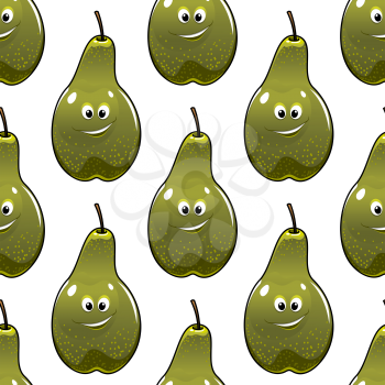 Seamless background pattern of healthy fresh green pears with cute little smiling faces in a repeat motif, vector illustration isolated on white