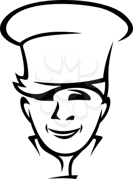 Black and white doodle sketch of the head of a modern smiling friendly young chef or cook wearing a toque