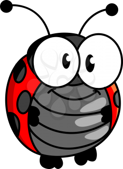 Red and black spotted smiling happy little ladybug or ladybird in cartoon style standing upright with big round eyes on white