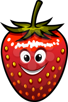 Cartoon vectorof a ripe red happy smiling fresh strawberry with a green stalk and googly eyes suitable for kids isolated on white
