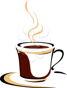 Delicious steaming hot cup and saucer of aromatic coffee in shades of brown on white, doodle sketch vector illustration