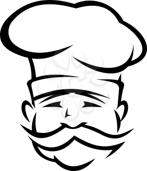 Black and white doodle sketch of the head of a chef or cook with a handlebar moustache wearing a traditional white toque