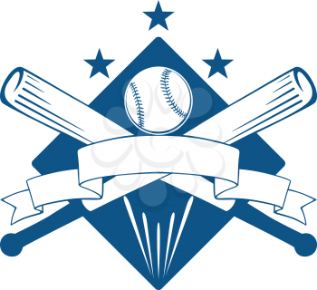 Championship or league baseball emblem with a blank wavy ribbon banner with copyspace over crossed bats and a ball superimposed on a diamond with stars, blue and white