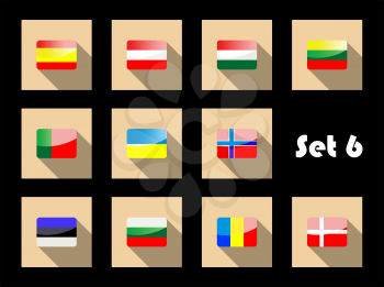 European flags icons of Spain, Austria, Hungary, Lithuania, Belarus, Ukraine, Norway, Estonia, Bulgaria, Romania, Denmark in flat style