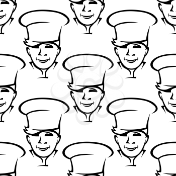 Repeat seamless background pattern of smiling young chefs wearing traditional white toques in square format