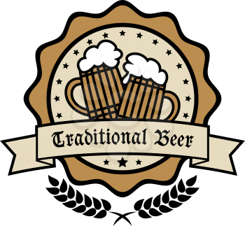 Emblem for Traditional Beer with two tankards filled with frothy lager inside a circular medallion with a banner and wreath and the words - Traditional beer