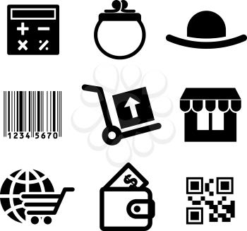 Set of shopping icons including a purse, wallet, calculator, bar code, trolleys, store, globe and digital code, isolated on white
