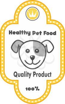 Healthy Pet Food label with the head of a cute little puppy enclosed by a golden frame with the text
