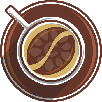 Coffee bean in a coffee cup viewed from overhead with a saucer in shades of brown, vector illustration