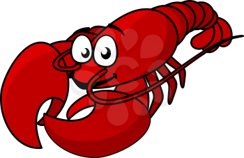Cartoon red lobster mascot with long tail isolated on white, vector illustration