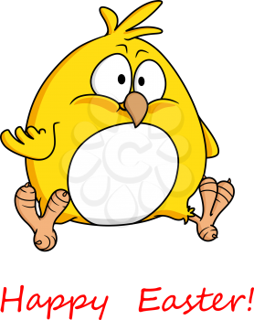 Cartoon vector illustration on white of a cute fat yellow little Easter chicken wishing you Happy Easter in a greeting card design