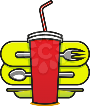 Cartoon vector illustration on white of a fast food or takeaway icon with a soda in a polystyrene mug with a straw and a spoon, plate and fork behind