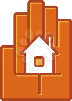 Conceptual stylised cartoon icon of a house in the palm of an upright hand, vector illustration isolated on white