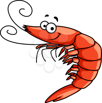 Happy red prawn or shrimp with curly feelers and a smiling face, cartoon vector illustration