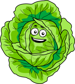 Cartoon vector illustration on white of smiling fresh green cabbage with a happy face and crispy leaves