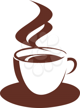 Brown and white vector doodle sketch of a steaming cup and saucer of freshly brewed coffee